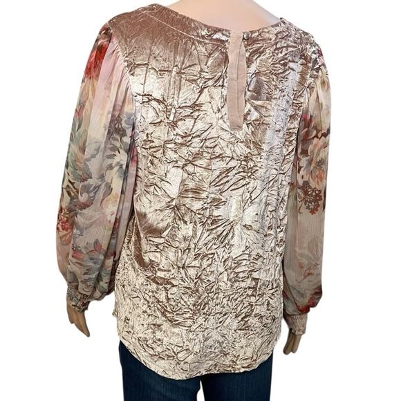 Anthropologie Meadow Rue Crushed Velvet Blouse Small Floral Balloon Sleeve Pink - Picture 3 of 10